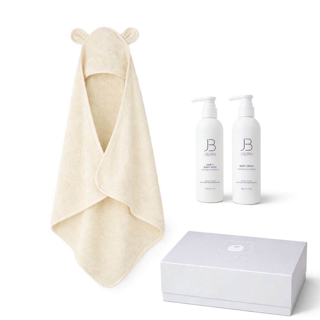 JBØRN Baby Care Gift Box | Organic Cotton Towel & Skin Care Set Ivory - Personalisable Baby Products Sold and Personalised by JustBørn