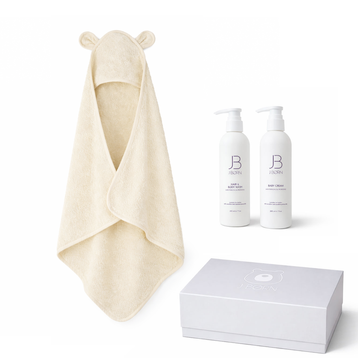 JBØRN Baby Care Gift Box | Organic Cotton Towel & Skin Care Set Ivory - Personalisable Baby Products Sold and Personalised by JustBørn