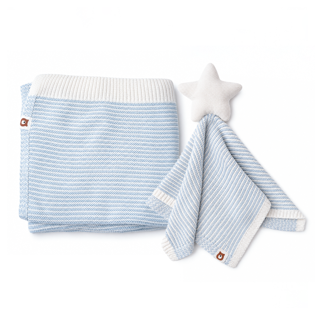 JBØRN Knitted Blanket & Star Comforter Set Knitted Blankets Set | Stripe Powder Blue - Personalisable Baby Products Sold and Personalised by JustBørn