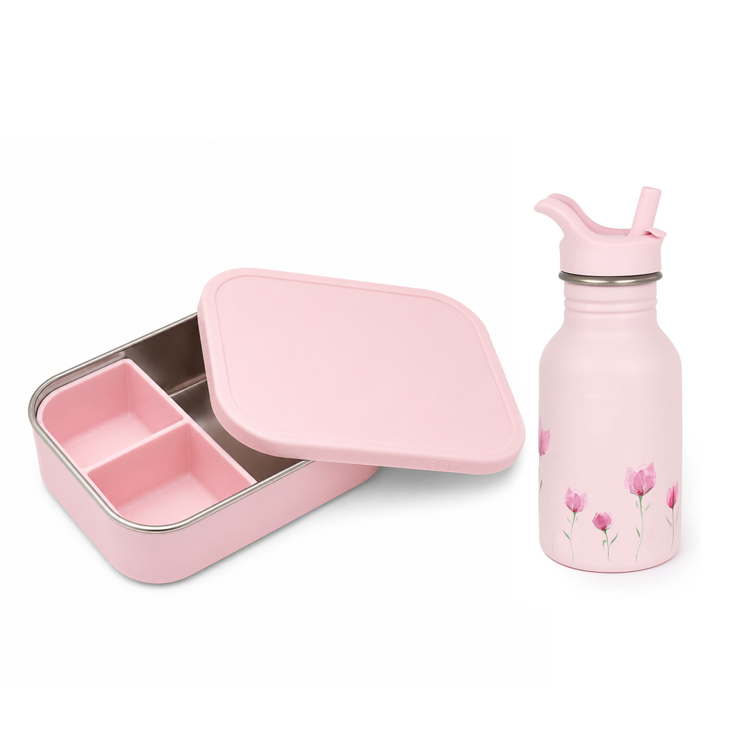 JBØRN Personalised Set | Water Bottle & Lunch Box Set Lilac Bloom Lunch Box Set - New Design - Personalisable Baby Products Sold and Personalised by JustBørn