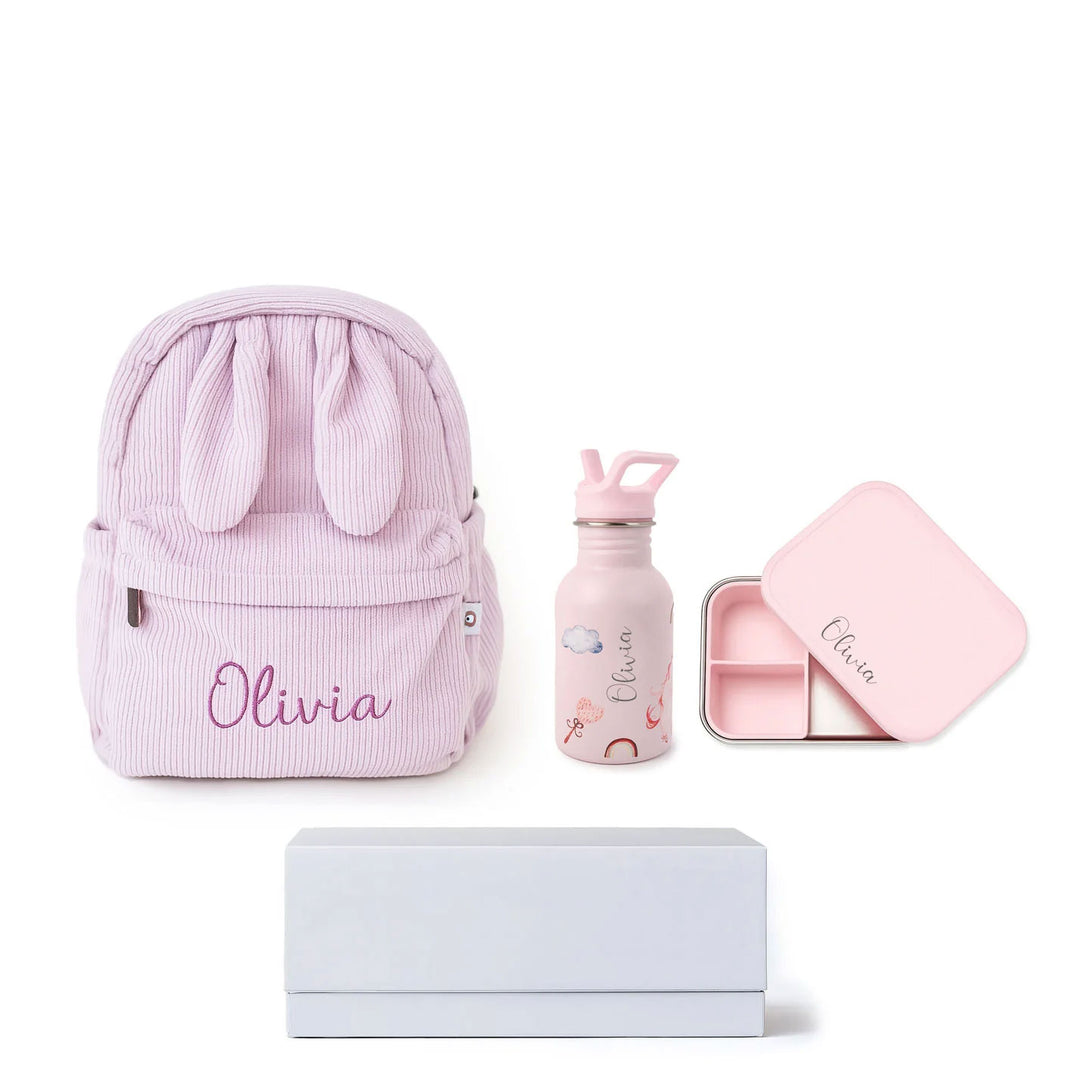 JBØRN Personalised Set | Backpack, Water Bottle & Lunch Box Set Pink Add Gift Box - Personalisable Baby Products Sold and Personalised by JustBørn