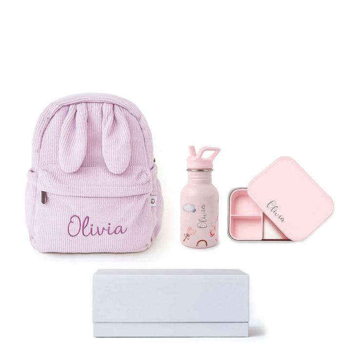 JBØRN Personalised Set | Backpack, Water Bottle & Lunch Box Set Pink Add Gift Box - Personalisable Baby Products Sold and Personalised by JustBørn