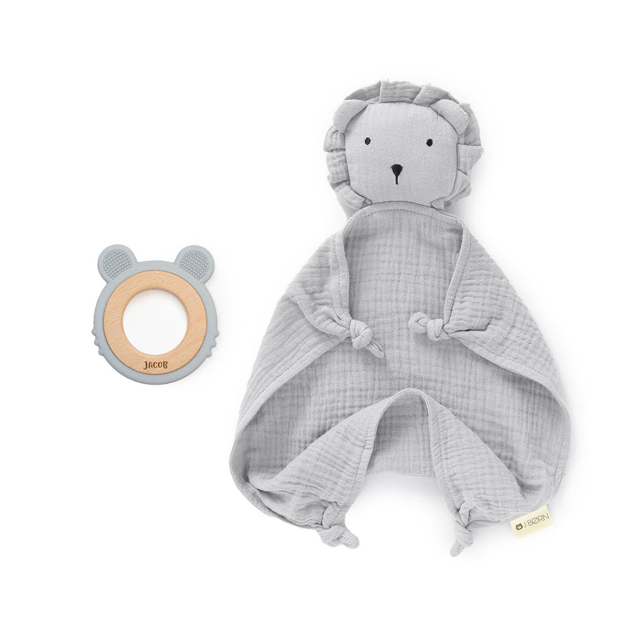 JBØRN Organic Cotton Lion Comforter & Teether Set | Personalisable in Cloud, sold by JBørn Baby Products Shop, Personalizable by JustBørn