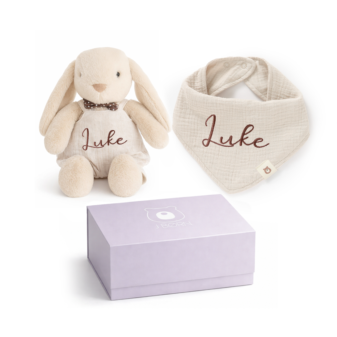 JBØRN Baby Gift Set | Bunny Soft Toy & Matching Muslin Baby Bib - Personalisable Baby Products Sold and Personalised by JustBørn