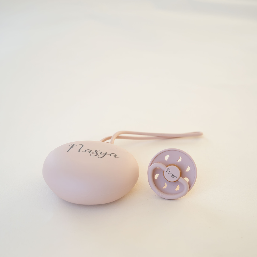 FRIGG Latex Pacifier & Matching JBØRN Holder Pod Moon Blush & Pod - Personalisable Baby Products Sold and Personalised by JustBørn