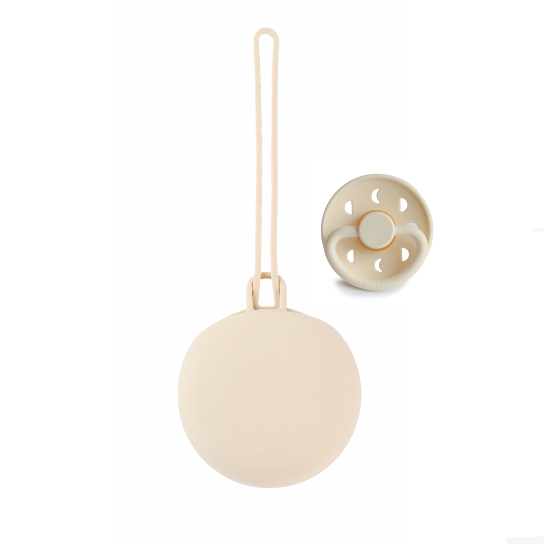FRIGG Latex Pacifier & Matching JBØRN Holder Pod Moon Cream & Ivory Pod - Personalisable Baby Products Sold and Personalised by JustBørn