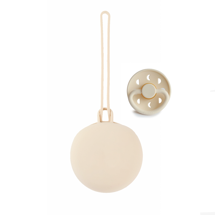 FRIGG Latex Pacifier & Matching JBØRN Holder Pod Moon Cream & Ivory Pod - Personalisable Baby Products Sold and Personalised by JustBørn