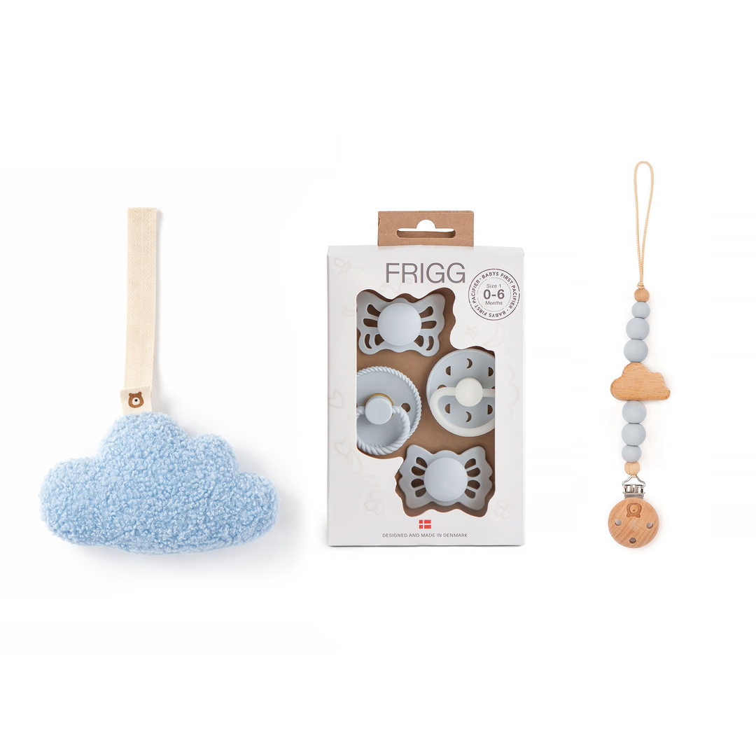 JBØRN x FRIGG Baby Gift Set | Baby's First Pacifier Pack & Holders Set Moonlight Plush Powder Blue Set - Personalisable Baby Products Sold and Personalised by JustBørn
