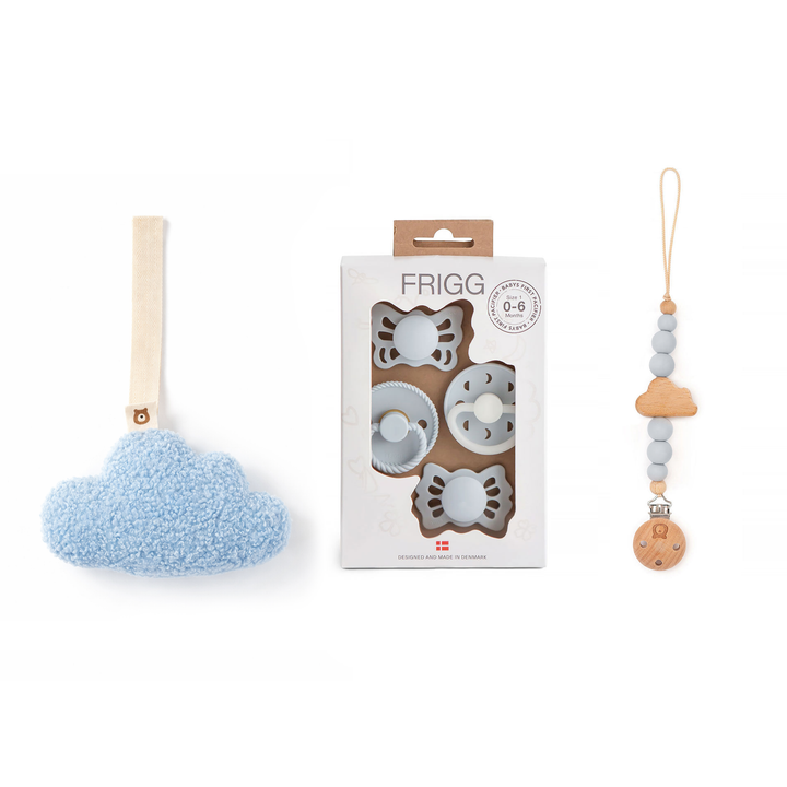 JBØRN x FRIGG Baby Gift Set | Baby's First Pacifier Pack & Holders Set Moonlight Plush Powder Blue Set - Personalisable Baby Products Sold and Personalised by JustBørn
