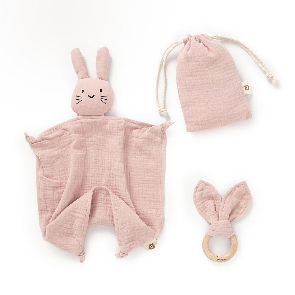 JBØRN Organic Cotton Bunny Comforter & Teether Set | Personalisable in Muslin Blush, sold by JBørn Baby Products Shop, Personalizable by JustBørn