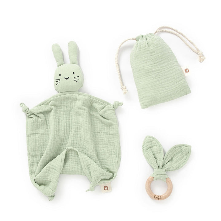 JBØRN Organic Cotton Bunny Comforter & Teether Set | Personalisable in Muslin Pistachio, sold by JBørn Baby Products Shop, Personalizable by JustBørn