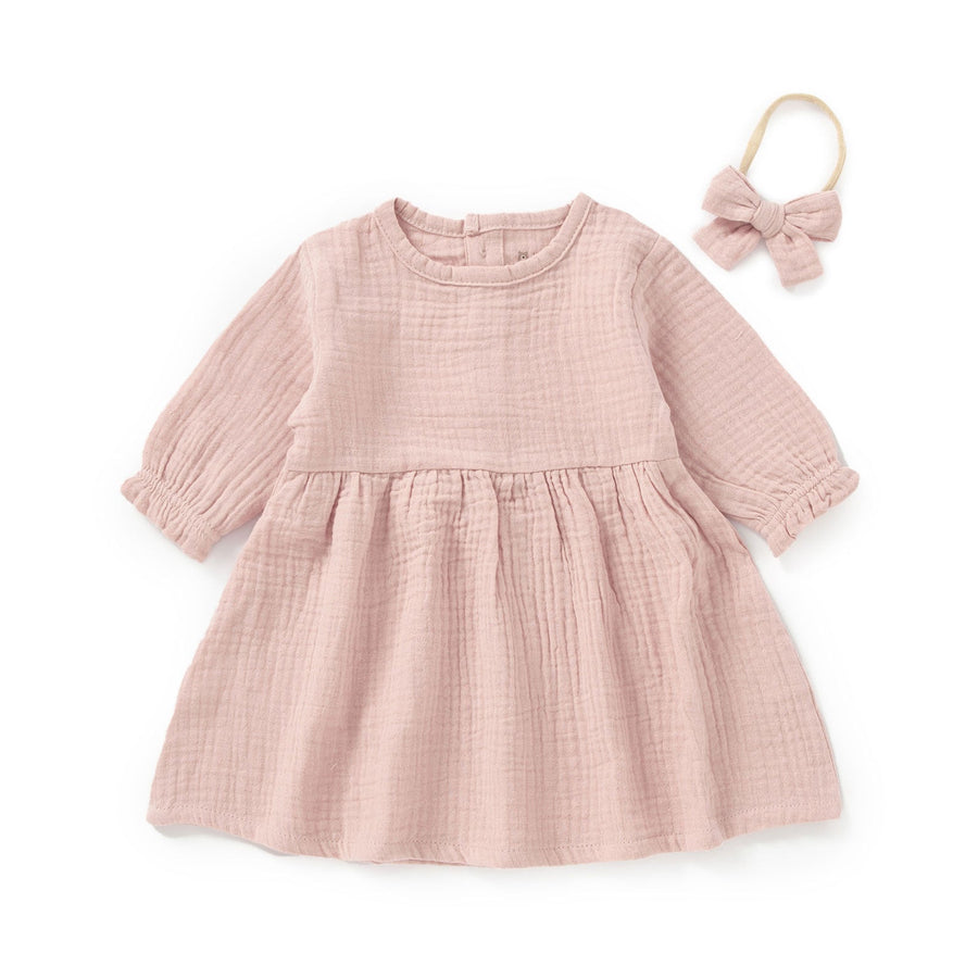 JBØRN Organic Cotton Muslin Baby Girl Dress and Bow in Muslin Peach Cream, sold by JBørn Baby Products Shop, Personalizable by JustBørn