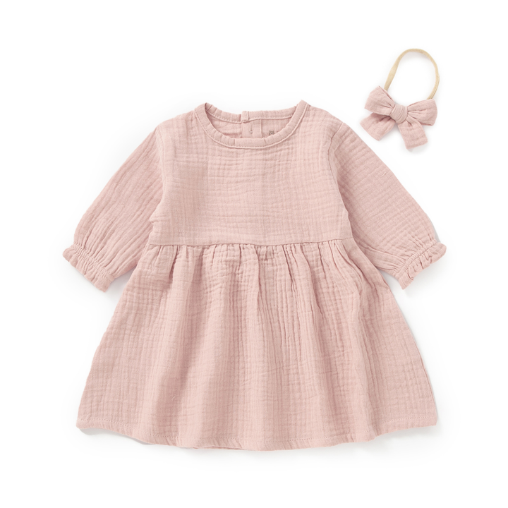 JBØRN Organic Cotton Muslin Baby Girl Dress and Bow Muslin Dress | Blush - Personalisable Baby Products Sold and Personalised by JustBørn