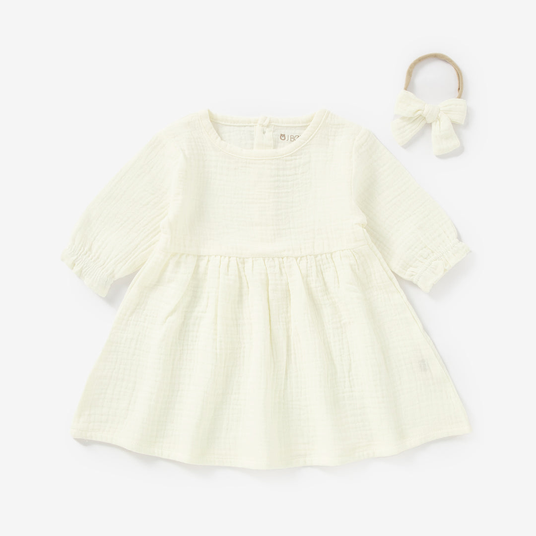 JBØRN Organic Cotton Muslin Baby Girl Dress and Bow | Personalisable in Muslin Ivory, sold by JBørn Baby Products Shop, Personalizable by JustBørn