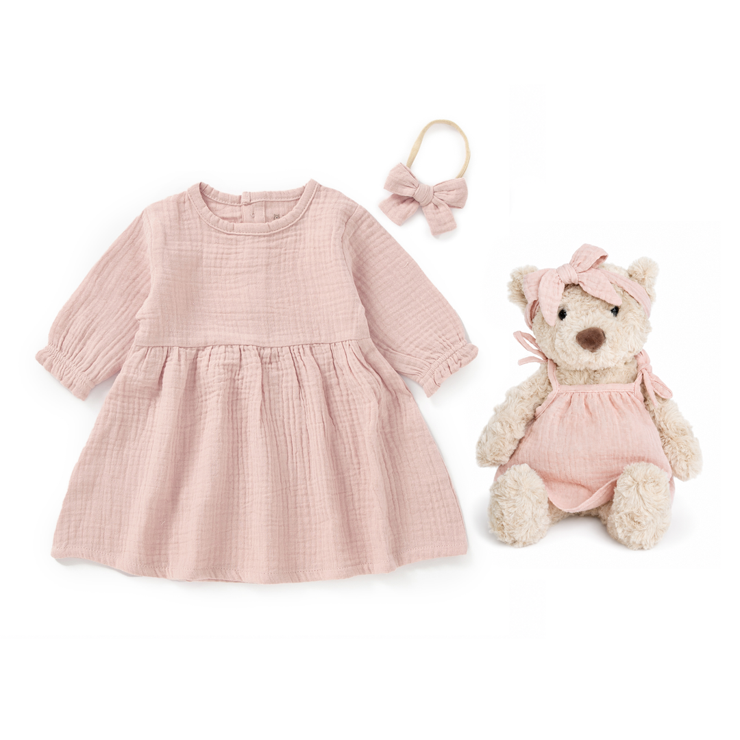 JBØRN New Baby Girl Gift Set | Personalised Teddy & Matching Baby Dress Muslin Dress & Teddy Set | Blush - Personalisable Baby Products Sold and Personalised by JustBørn