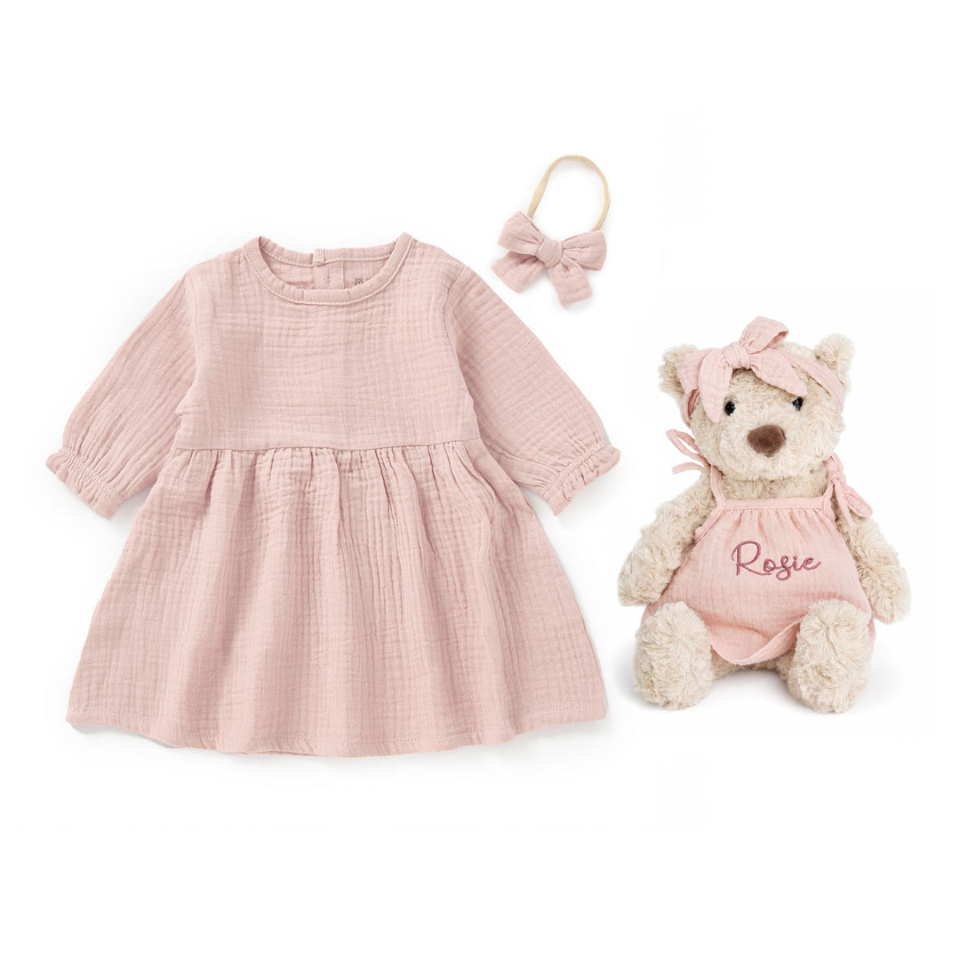 JBØRN New Baby Girl Gift Set | Personalised Teddy & Matching Baby Dress - Personalisable Baby Products Sold and Personalised by JustBørn