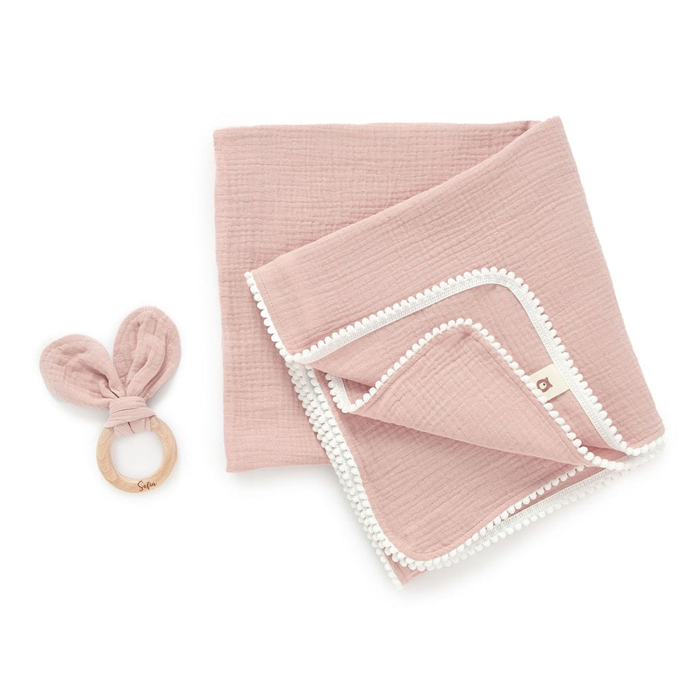 JBØRN Pop Pom Swaddle Organic Muslin Blanket & Teether Set | Personalisable in Muslin Blush, sold by JBørn Baby Products Shop, Personalizable by JustBørn