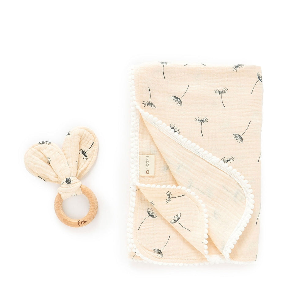 JBØRN Pop Pom Swaddle Organic Muslin Blanket & Teether Set | Personalisable in Muslin Dandelions, sold by JBørn Baby Products Shop, Personalizable by JustBørn