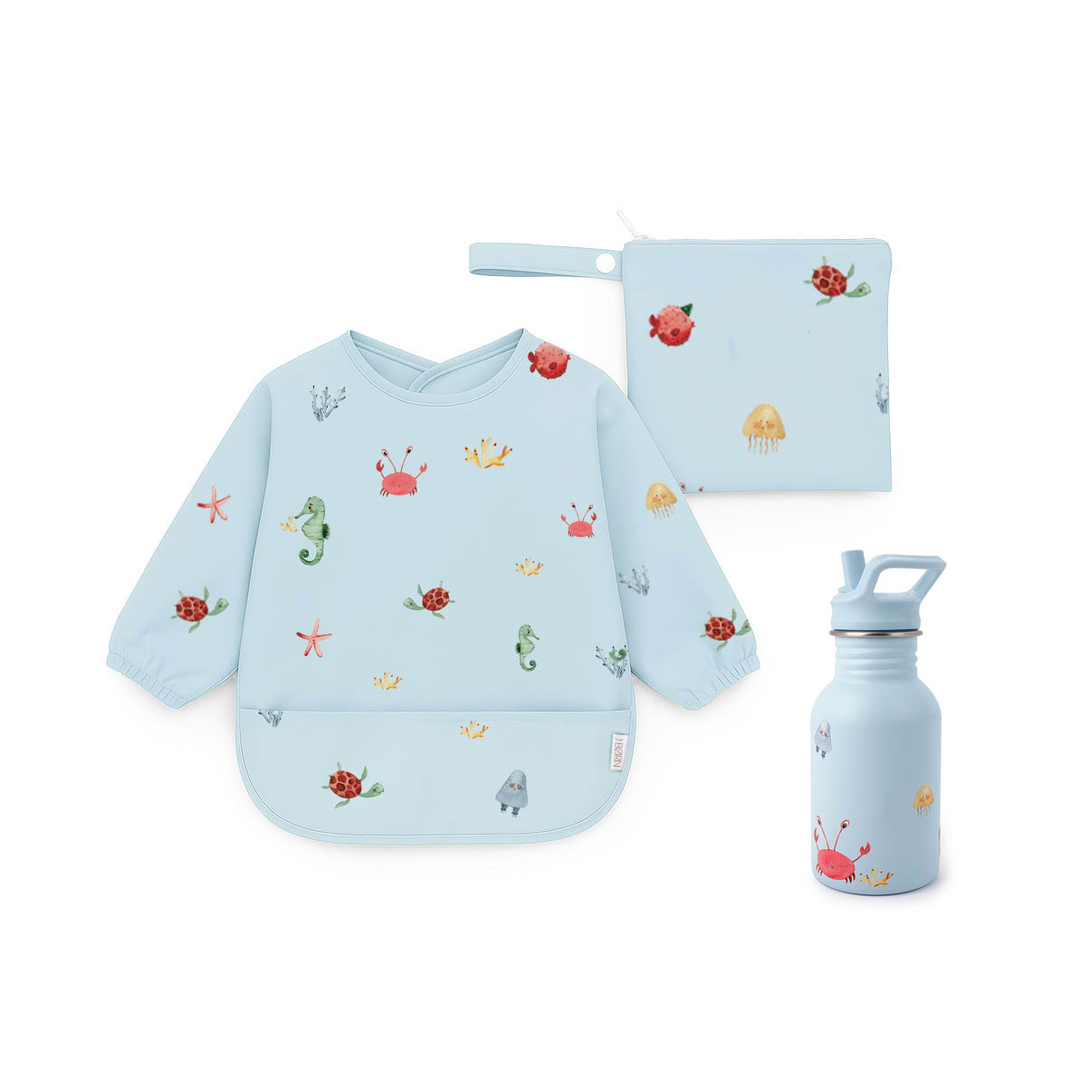 JBØRN First Birthday Gift Set | Personalised Water Bottle & Matching Sleeved Bib Ocean - Personalisable Baby Products Sold and Personalised by JustBørn