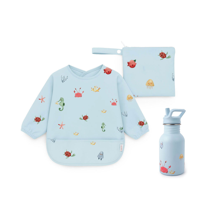 JBØRN First Birthday Gift Set | Personalised Water Bottle & Matching Sleeved Bib Ocean - Personalisable Baby Products Sold and Personalised by JustBørn