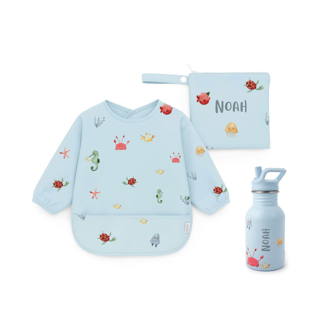 JBØRN First Birthday Gift Set | Personalised Water Bottle & Matching Sleeved Bib Ocean No Gift Box - Personalisable Baby Products Sold and Personalised by JustBørn