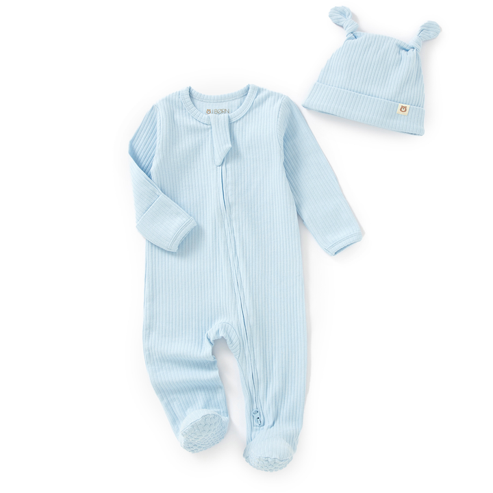 JBØRN Organic Cotton Ribbed Baby Sleep Suit and Hat Organic Cotton Sleepsuit | Baby Blue - Personalisable Baby Products Sold and Personalised by JustBørn
