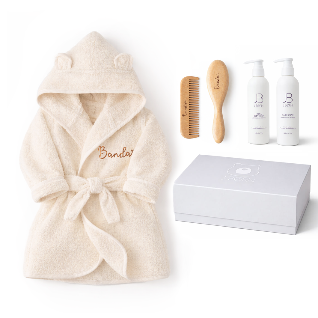 JBØRN Baby Spa Gift Set | Bathrobe, Hairbrush Set & Skincare - Personalisable Baby Products Sold and Personalised by JustBørn