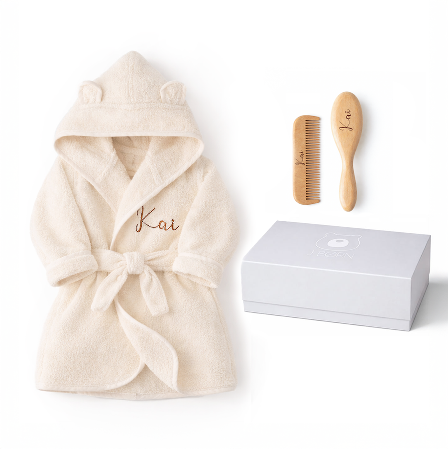 JBØRN Baby Gift Set | Organic Cotton Bathrobe & Hair Brush Set - Personalisable Baby Products Sold and Personalised by JustBørn
