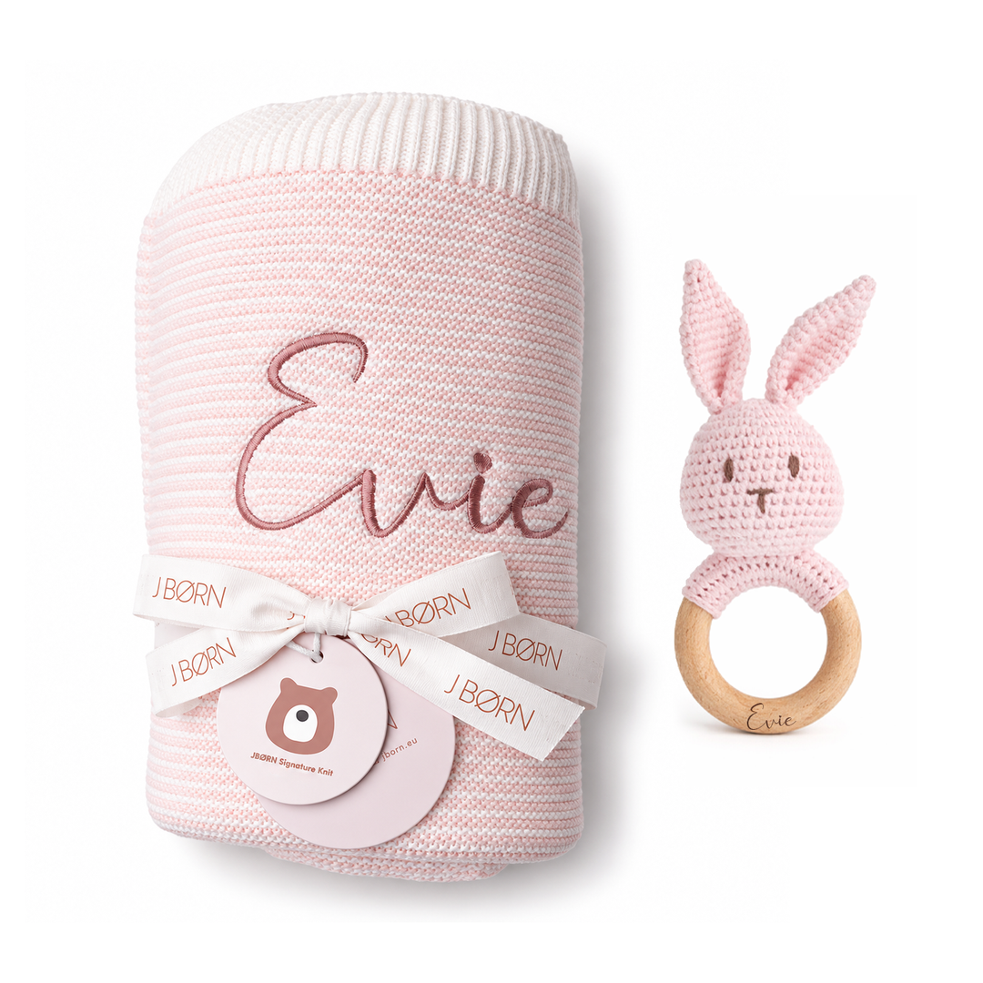 JBØRN Knitted Baby Blanket & Bunny Rattle Set - Personalisable Baby Products Sold and Personalised by JustBørn