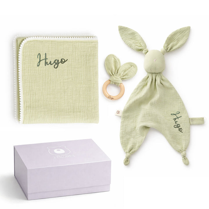 JBØRN Baby Gift Set | Organic Cotton Muslin Blanket, Comforter & Teether Set - Personalisable Baby Products Sold and Personalised by JustBørn