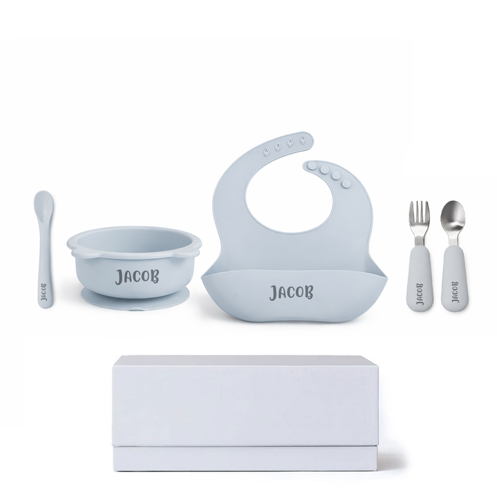 JBØRN Baby Weaning Gift Set | Silicone Bowl, Cutlery and Bib - Personalisable Baby Products Sold and Personalised by JustBørn