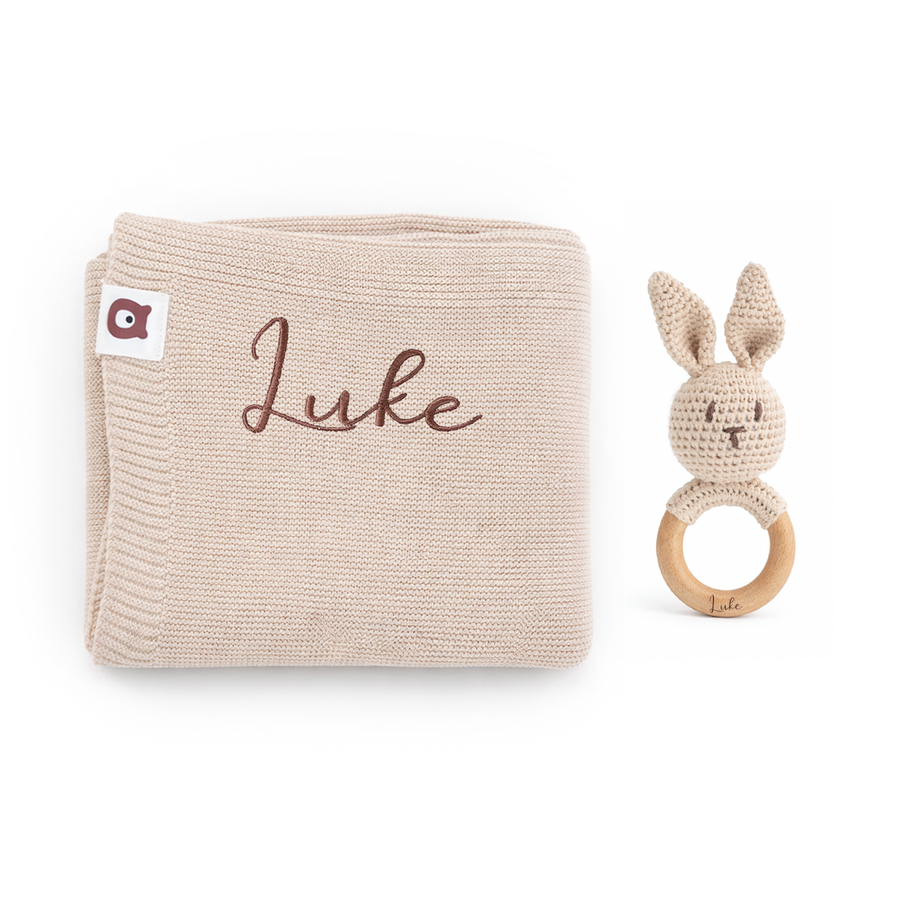 JBØRN Knitted Baby Blanket & Bunny Rattle Set - Personalisable Baby Products Sold and Personalised by JustBørn