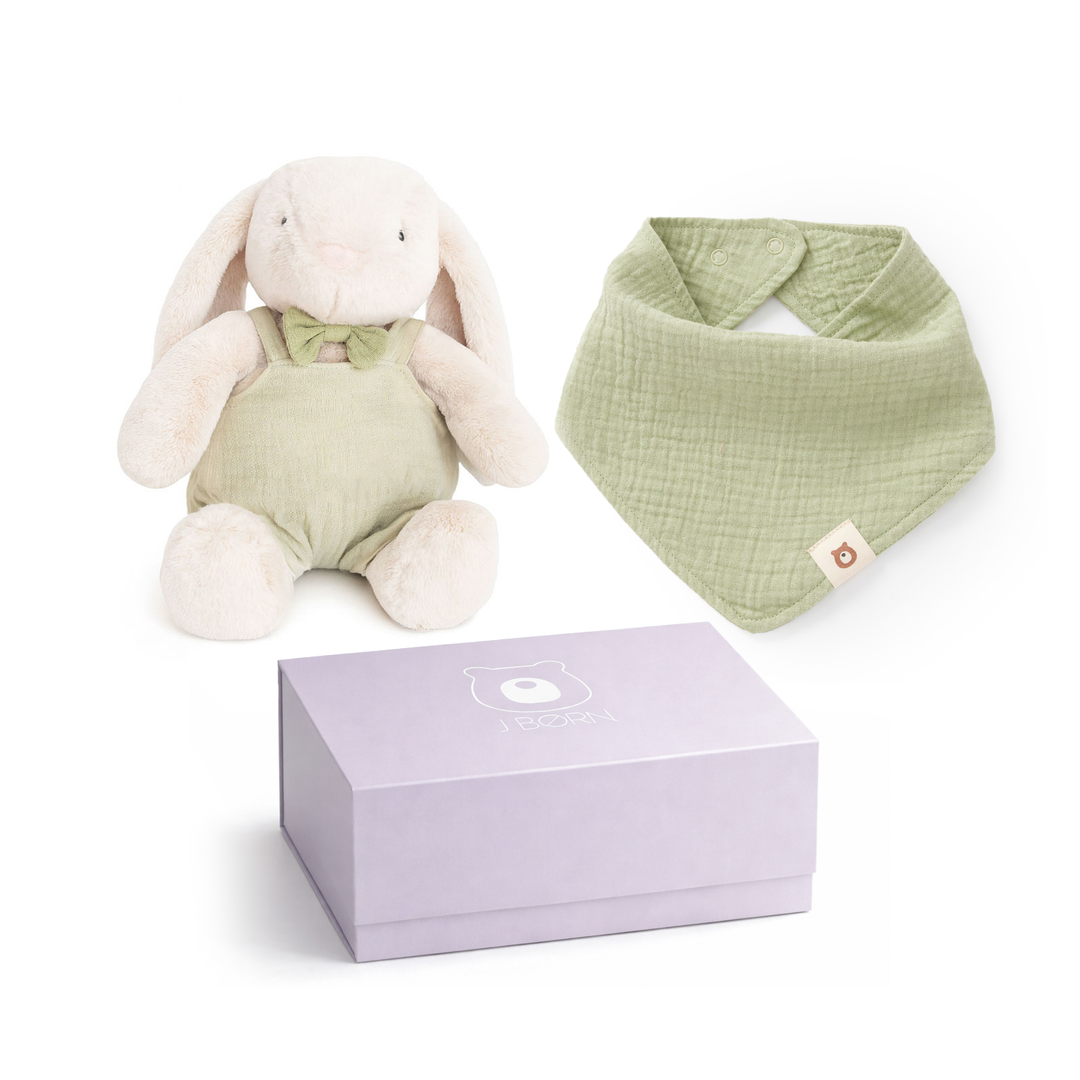 JBØRN Baby Gift Set | Bunny Soft Toy & Matching Muslin Baby Bib Pistachio Bunny & Bib Gift Set - Personalisable Baby Products Sold and Personalised by JustBørn