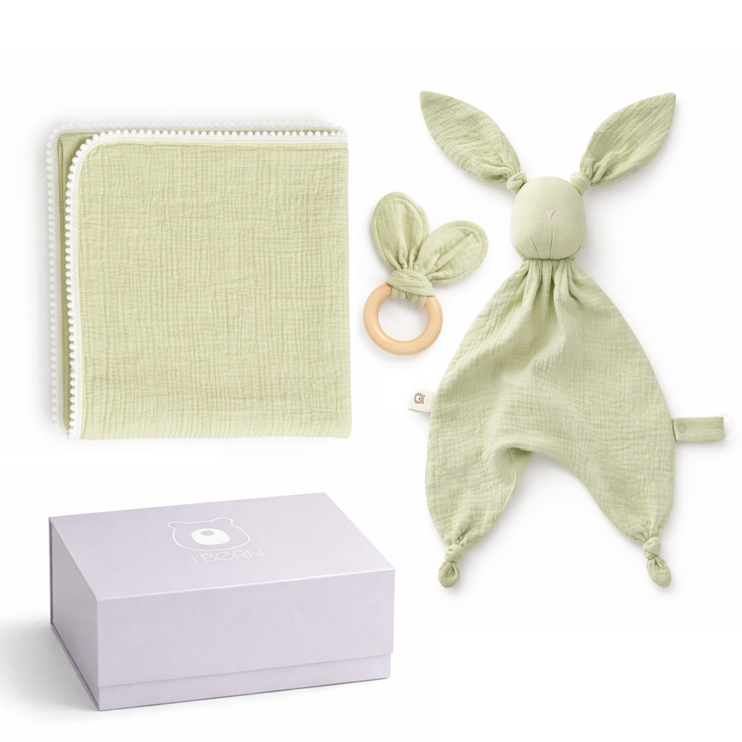 JBØRN Baby Gift Set | Organic Cotton Muslin Blanket, Comforter & Teether Set Pistachio Swaddle & Comforter Gift Set - Personalisable Baby Products Sold and Personalised by JustBørn