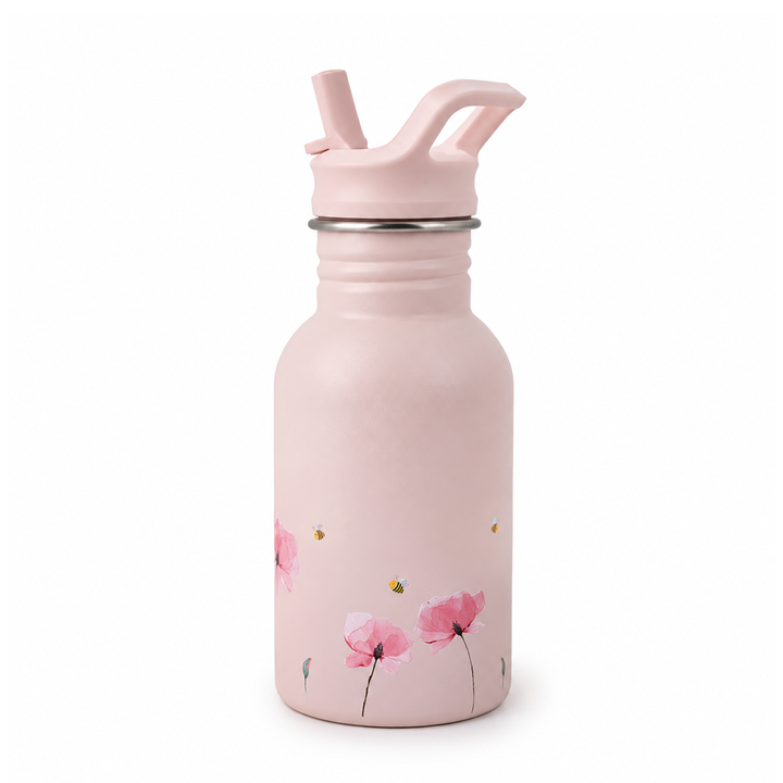 JBØRN Personalised Stainless Steel Kids Water Bottle Poppy Flowers - Personalisable Baby Products Sold and Personalised by JustBørn