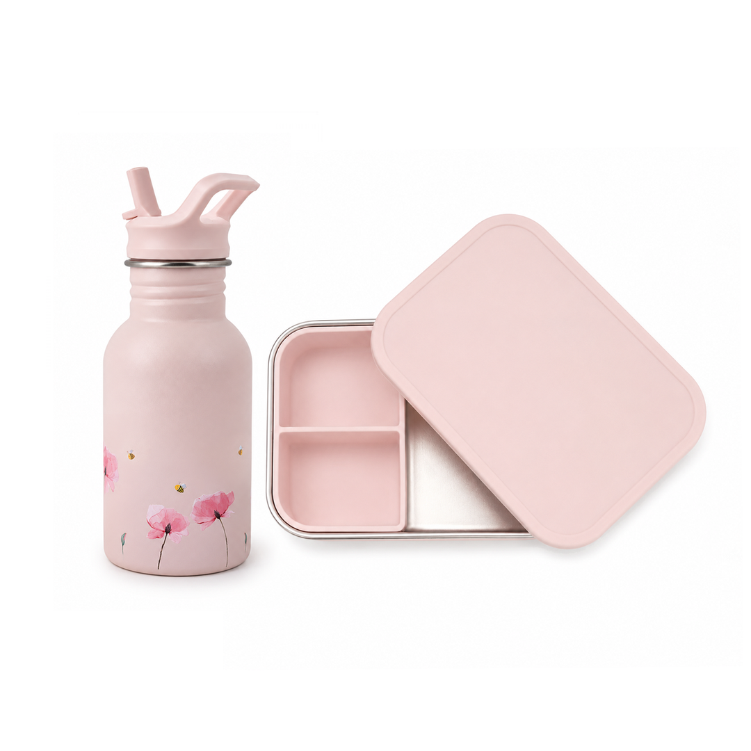 JBØRN Personalised Set | Water Bottle & Lunch Box Set Poppy Flowers Lunch Box Set - Personalisable Baby Products Sold and Personalised by JustBørn