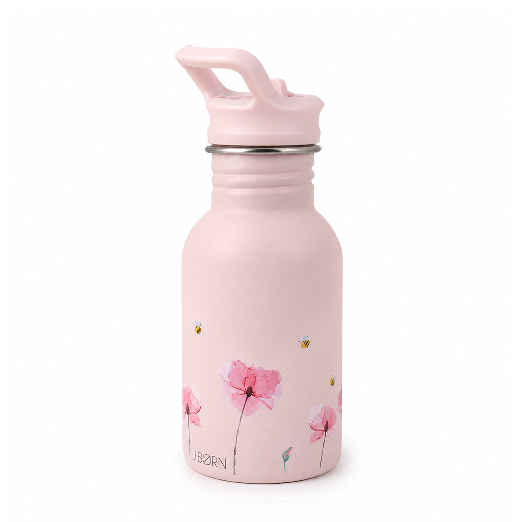 JBØRN Personalised Stainless Steel Kids Water Bottle Poppy Flowers - Personalisable Baby Products Sold and Personalised by JustBørn