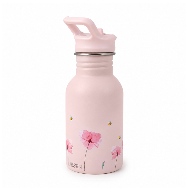 JBØRN Personalised Stainless Steel Kids Water Bottle Poppy Flowers - Personalisable Baby Products Sold and Personalised by JustBørn