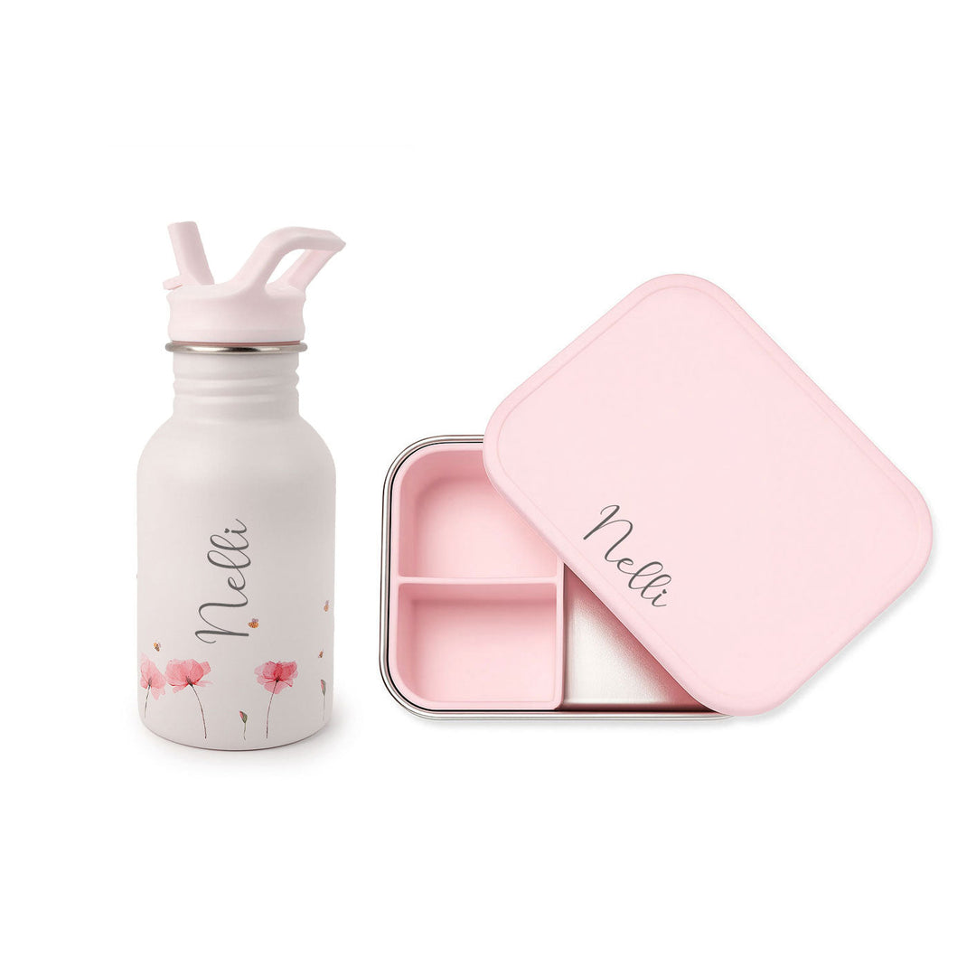 JBØRN Kids Gift Box | Personalised Water Bottle & Lunch Box Set Poppy Flowers No Gift Box - Personalisable Baby Products Sold and Personalised by JustBørn