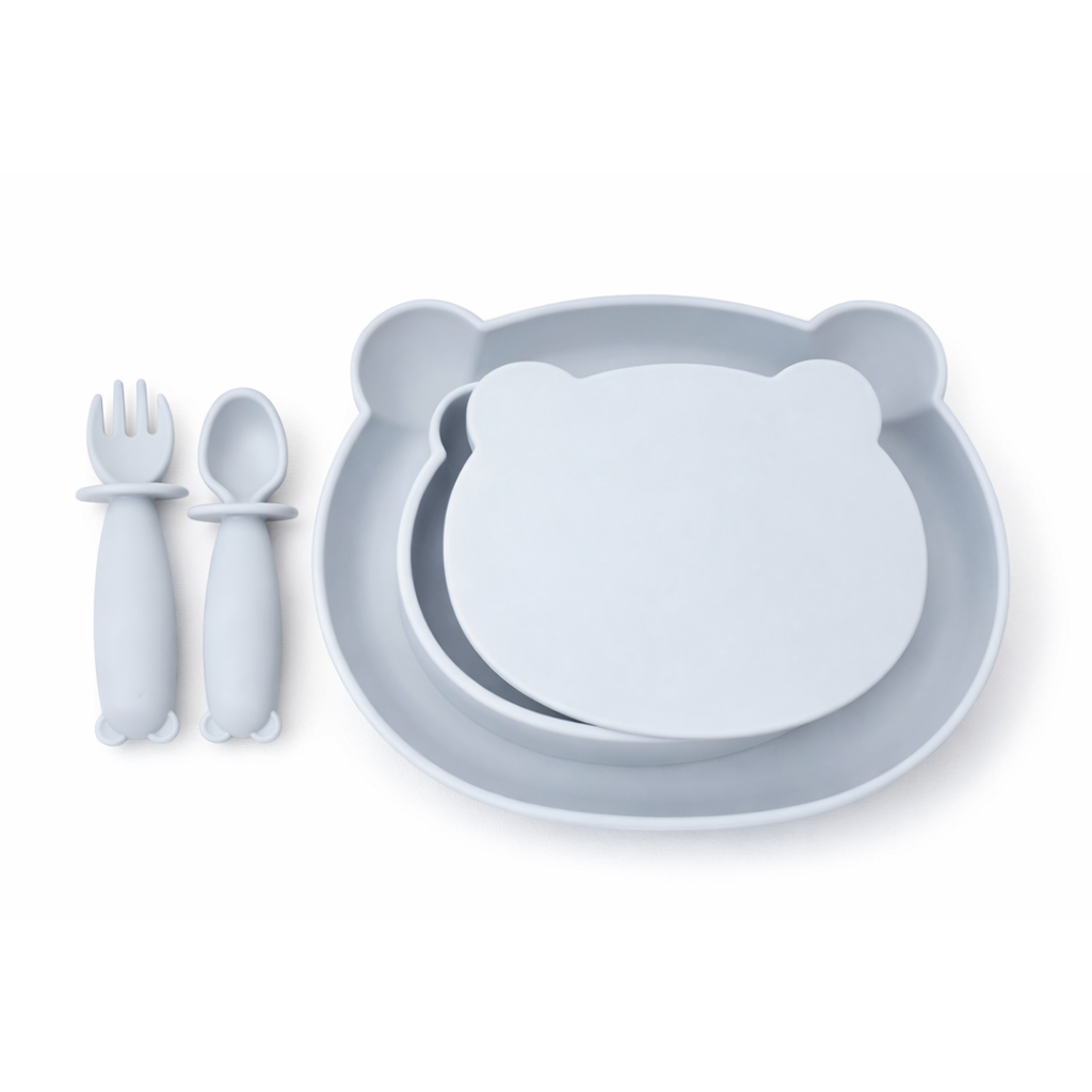 JBØRN 4-Piece Silicone Weaning Set | Suction Bowl with Lid, Plate & Cutlery Powder Blue 4 Piece Set - Personalisable Baby Products Sold and Personalised by JustBørn