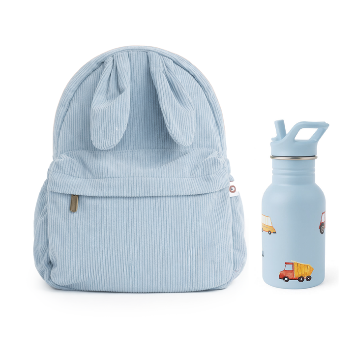 JBØRN Personalised Set | Backpack & Water Bottle Set Powder Blue Backpack & Road Trip Bottle Set - Personalisable Baby Products Sold and Personalised by JustBørn