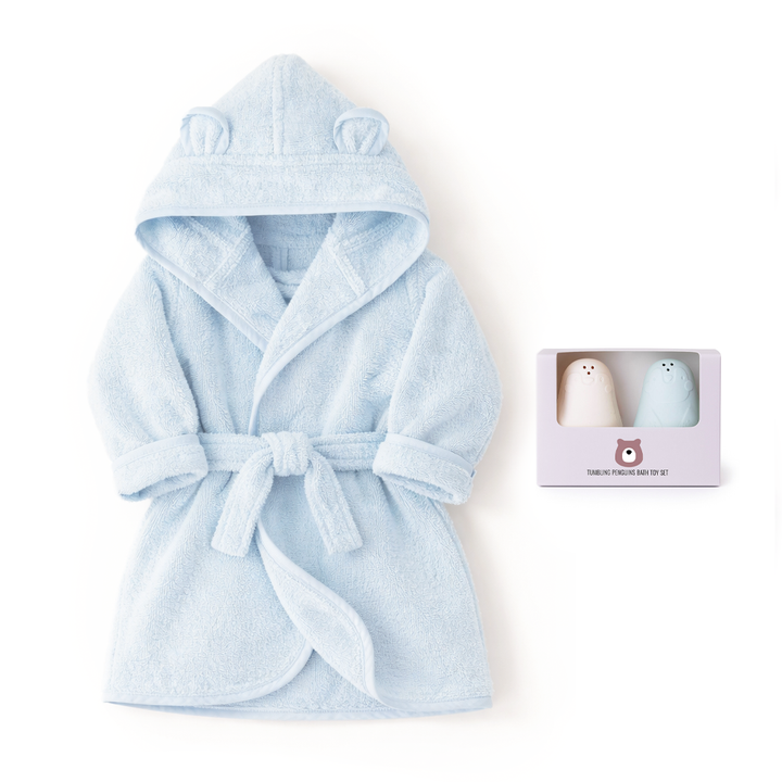 JBØRN Baby Gift Set | Organic Cotton Robe & Bath Toys Powder Blue Bathrobe & Bath Toys Set - Personalisable Baby Products Sold and Personalised by JustBørn
