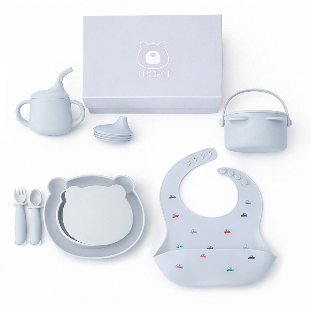 JBØRN Baby Weaning Full Essentials Gift Box Powder Blue Cars Weaning Essentials Gift Box - Personalisable Baby Products Sold and Personalised by JustBørn