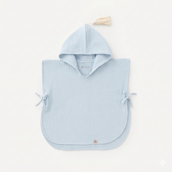 JBØRN Organic Cotton Muslin Hooded Poncho Towel Powder Blue Muslin Poncho - Personalisable Baby Products Sold and Personalised by JustBørn