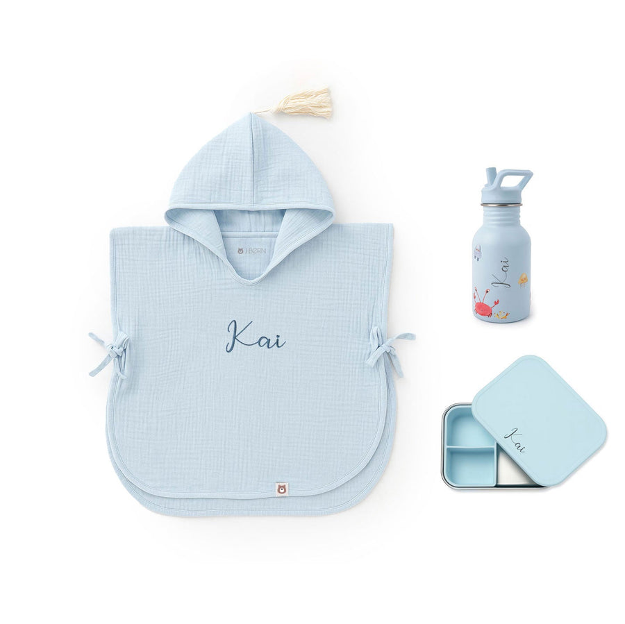 JBØRN Summer Set | Hooded Poncho + Water Bottle + Snack Box - Personalisable Baby Products Sold and Personalised by JustBørn