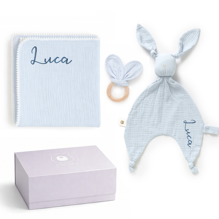 JBØRN Baby Gift Set | Organic Cotton Muslin Blanket, Comforter & Teether Set - Personalisable Baby Products Sold and Personalised by JustBørn