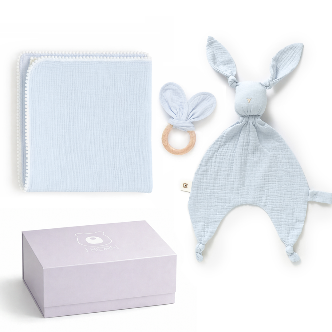 JBØRN Baby Gift Set | Organic Cotton Muslin Blanket, Comforter & Teether Set Powder Blue Swaddle & Comforter Gift Set - Personalisable Baby Products Sold and Personalised by JustBørn