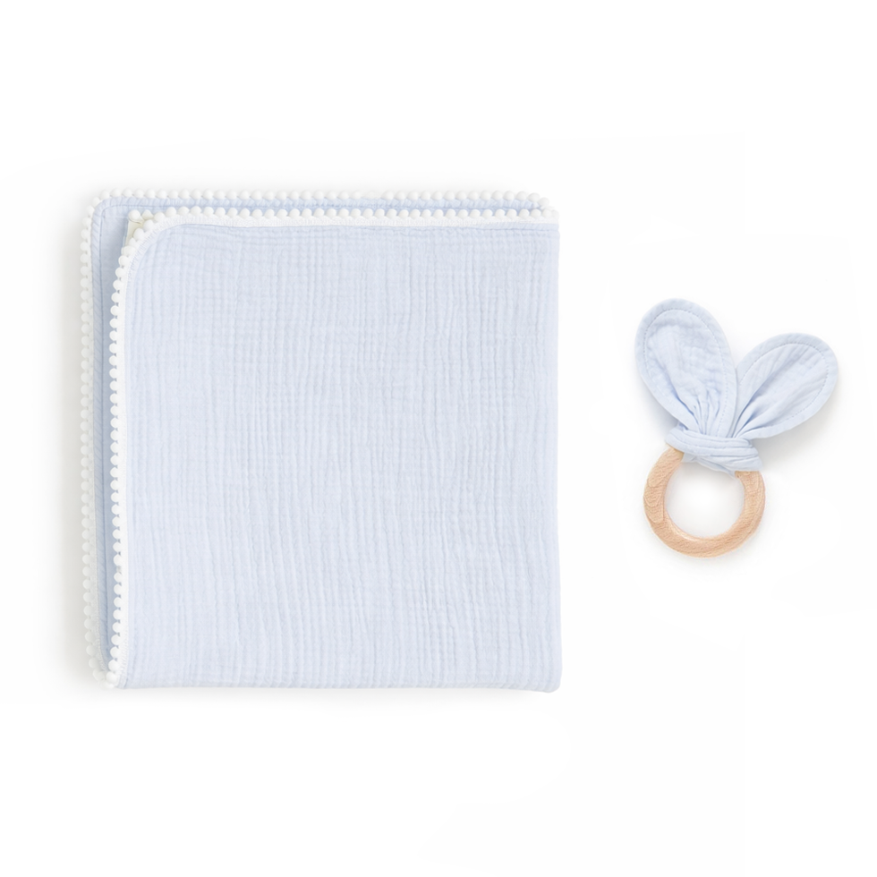 JBØRN Muslin Blanket & Wooden Teether Set | Organic Cotton Baby Swaddle Powder Blue Swaddle Set - Personalisable Baby Products Sold and Personalised by JustBørn