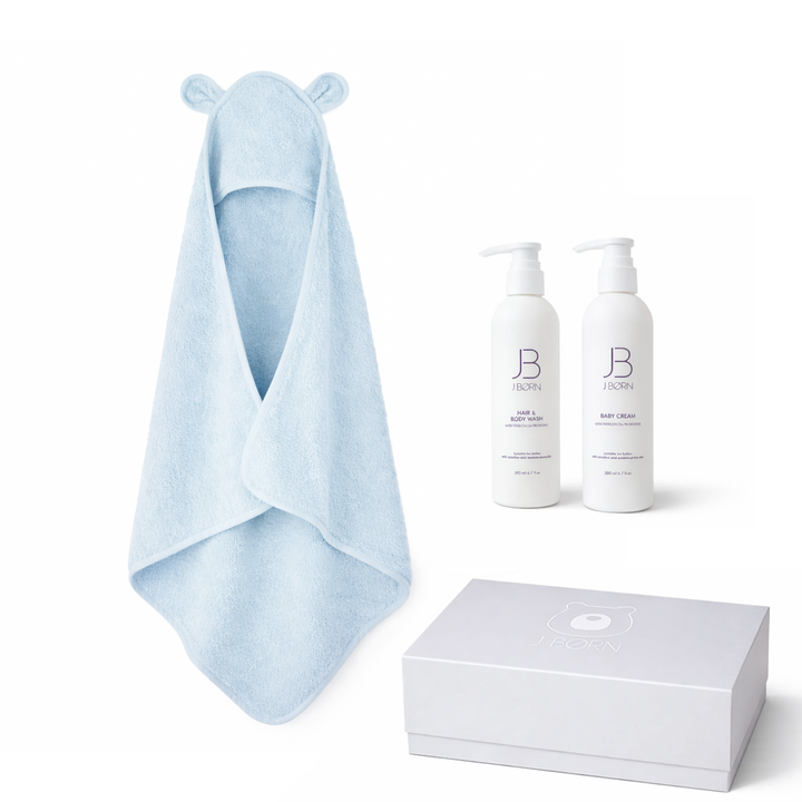 JBØRN Baby Care Gift Box | Organic Cotton Towel & Skin Care Set Powder Blue - Personalisable Baby Products Sold and Personalised by JustBørn