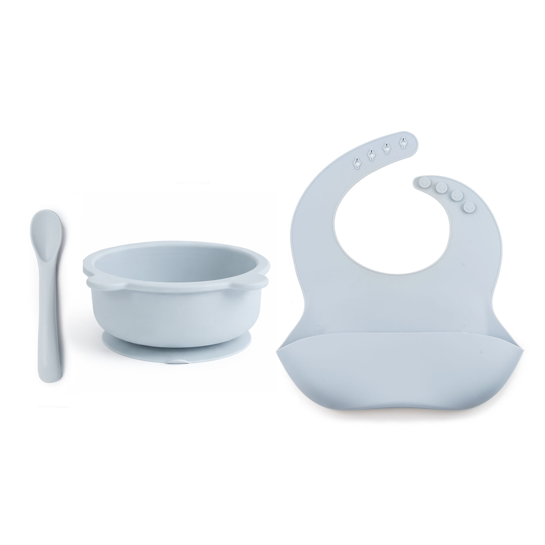 JBØRN Baby Weaning Set | Silicone Bowl, Spoon and Bib Powder Blue - Personalisable Baby Products Sold and Personalised by JustBørn
